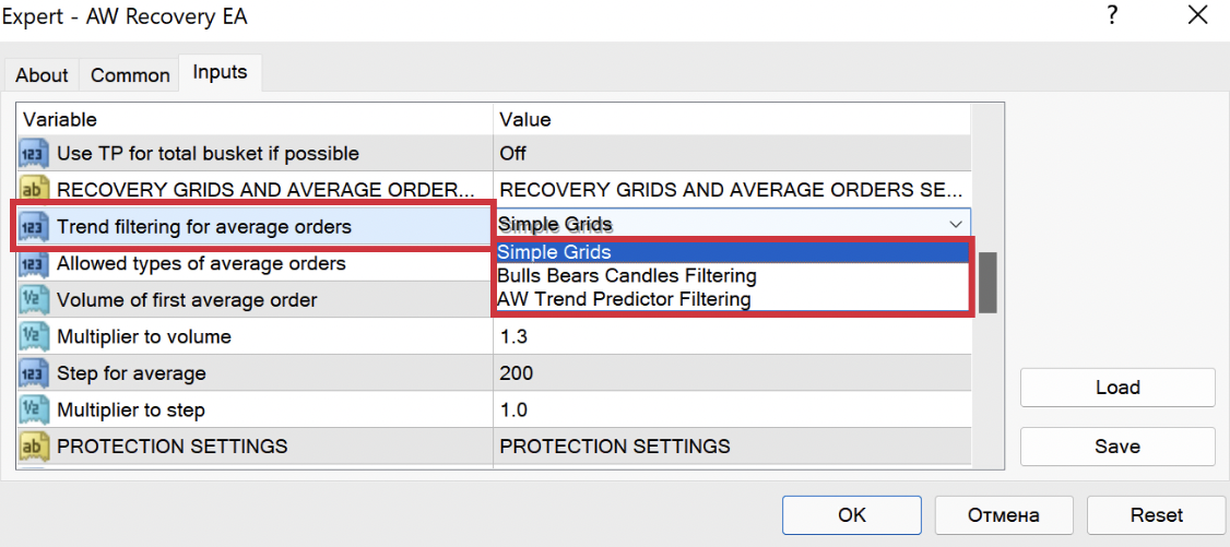 The EA's Inputs tab with Trend filtering for average orders highlighted and its list open: Simple Grids, Bulls Bears Candles Filtering, AW Trend Predictor Filtering