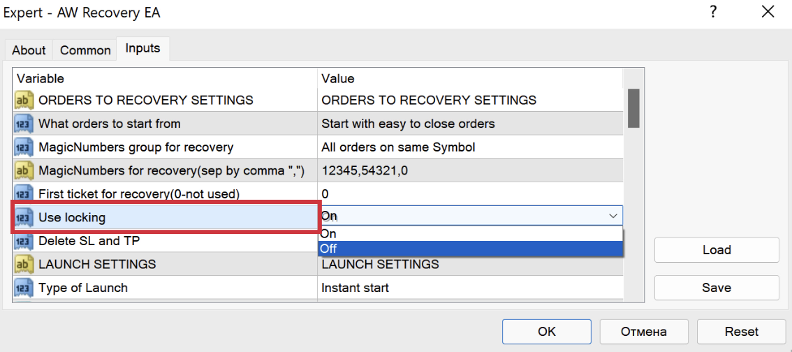 The EA's Inputs tab with the Use locking input highlighted and its On / Off list open