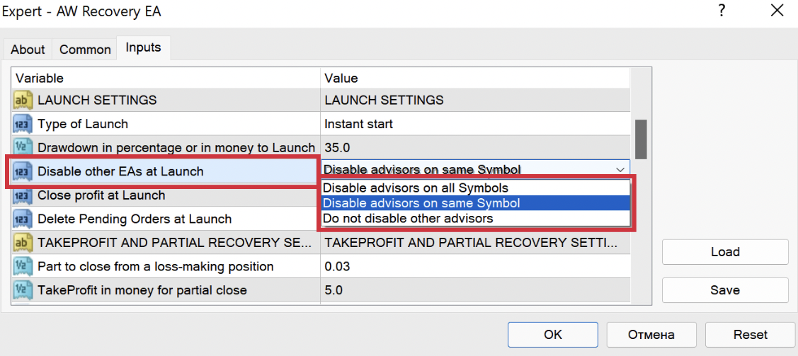 The EA's Inputs tab with Disable other EAs at Launch highlighted and its list open: disable on all symbols, disable on the same symbol, do not disable
