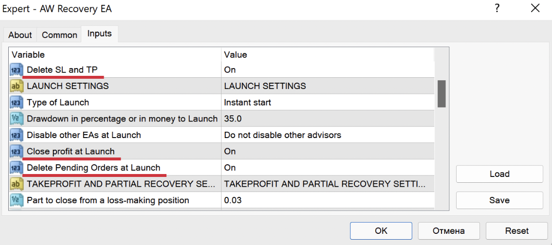 The EA's Inputs tab with Delete SL and TP, Close profit at Launch and Delete Pending Orders at Launch underlined