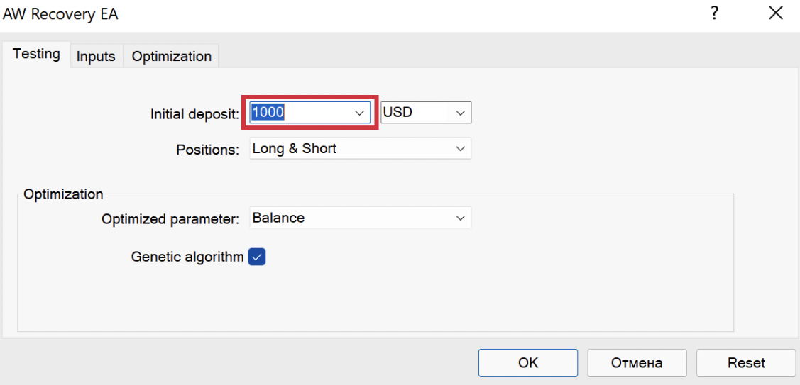 The tester's Testing tab with the Initial deposit field highlighted, set to 1000 USD